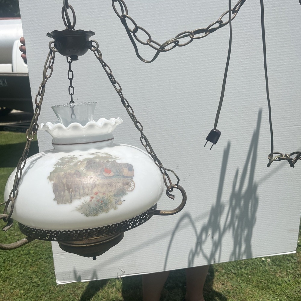 Vtg Aladdin Electric Milk Glass Library Hanging Lamp Chandelier 10" Stagecoach - Picture 4 of 16